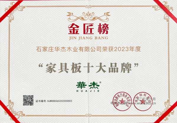 榜上有名 | 华杰板材荣获2023金匠榜“家具板十大品牌”荣誉称号