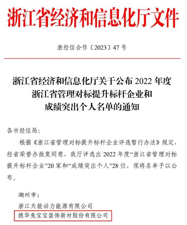 德清首家！兔宝宝获浙江省企业管理对标提升标杆企业