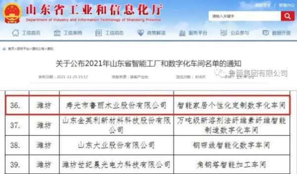 鲁丽木业家具项目入选2021年山东省数字化车间