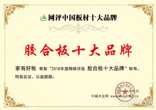 众望所归！“家有好板”荣获“2018十大胶合板”荣誉称号！